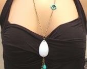 White and Turquoise Quatrefoil Four Leafed Clover Teardrop Long Statement Necklace. Sky Drops
