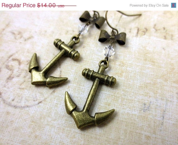 Spring SALE Anchor Earrings - Gold Antiqued Dangle Bronze Bow Swarovski Crystal Nautical