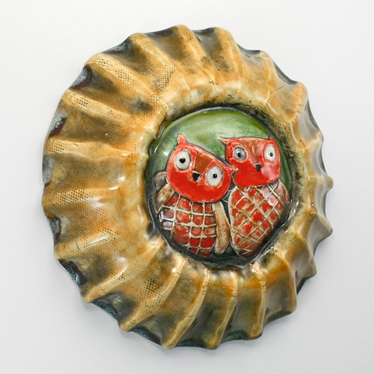 Wall Sculpture: Owl Portrait, Wall Flower two owls in love Ceramic Tile with amber brown frame