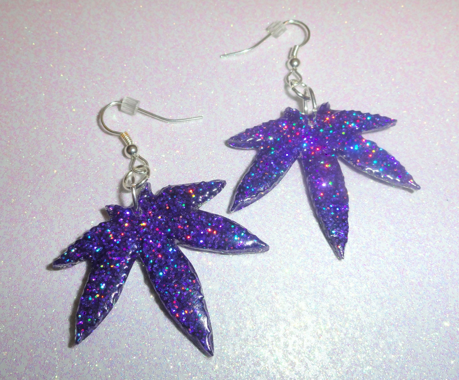 Marijuana Leaf Earrings - Holographic Purple Glitter  - GRAND DADDY PURPS