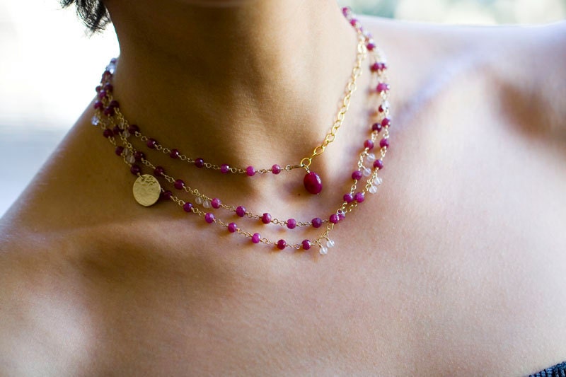 Ruby Necklace and Rose Quartz Necklace 14K Gold Filled Necklace - Raindrops - long beaded necklace - Bohemian Summer Wedding - jaunebleu
