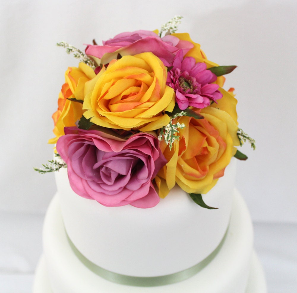 Wedding Cake Topper- Blush Pink Rose, Gerbera Daisy, Yellow Rose Silk Flower Wedding Cake Topper