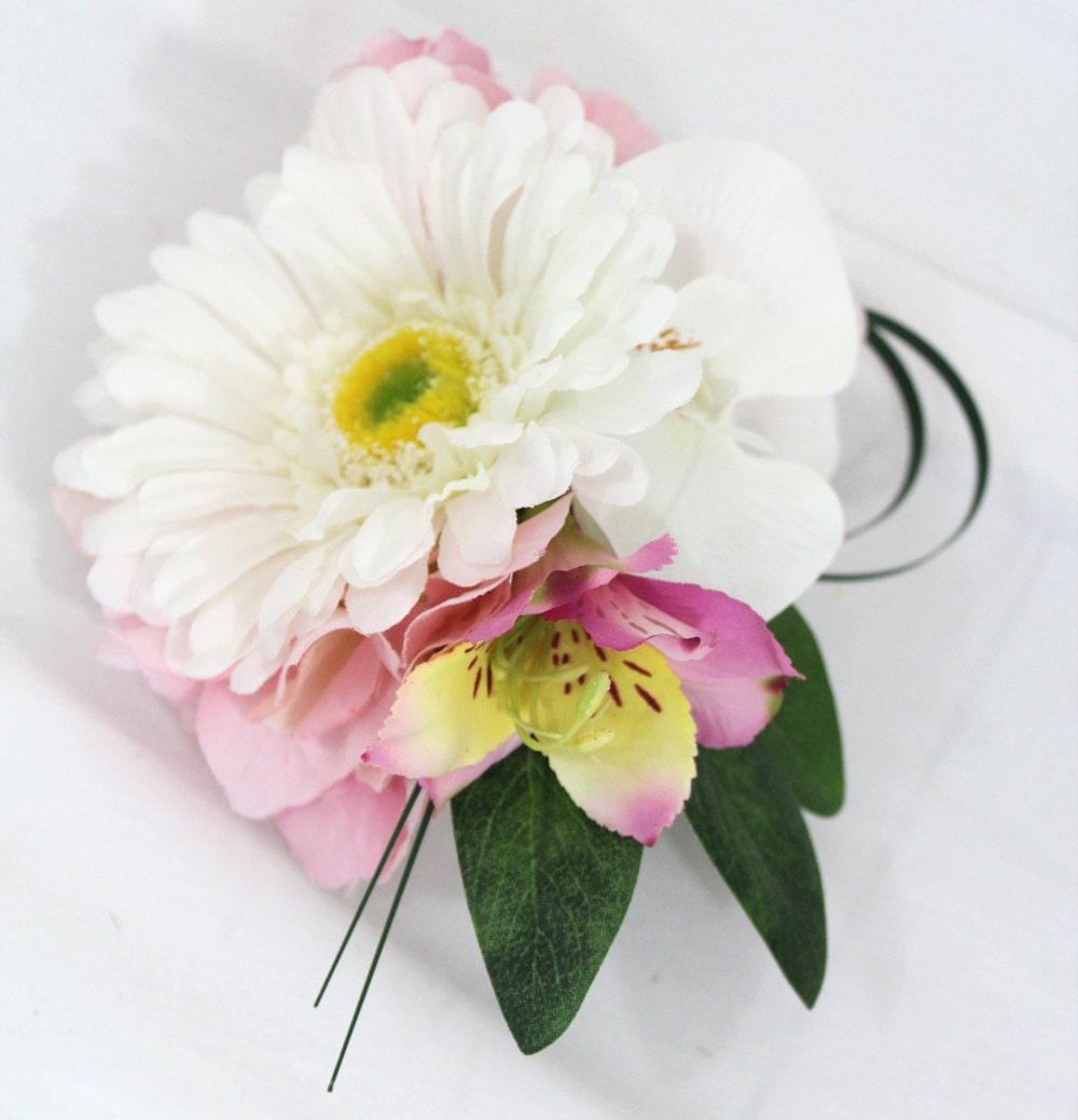 White Gerbera, Orchid, Pink Hydrangea Wrist Corsage - Prom, Wedding