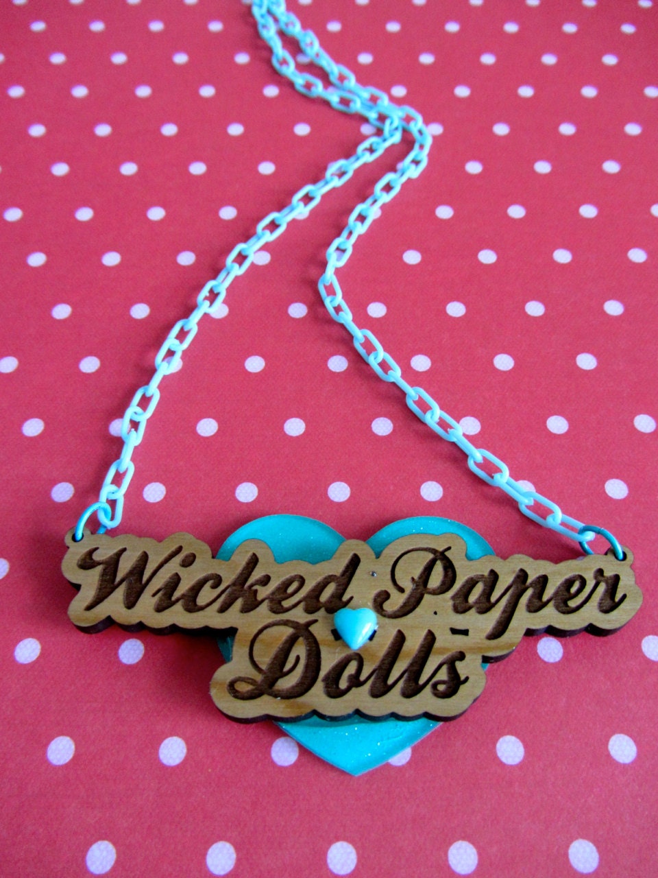 Baby-Blue Wicked Paper Dolls Cherry Wood Name Plate Pendant