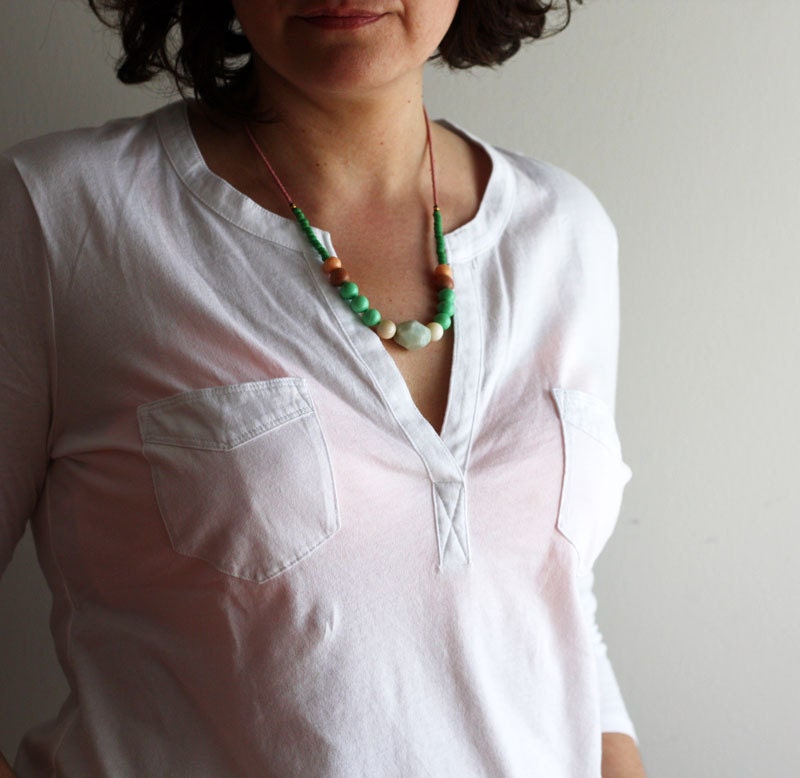 Mint Green and Pale Pink Necklace - Amazonite Green Turquoise Pink Coral Long Beaded Necklace