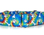 1.5in Martingale Dog Collar,,, Hot Dog,,Tie dye, bones and paw prints Martingale Dog Collar