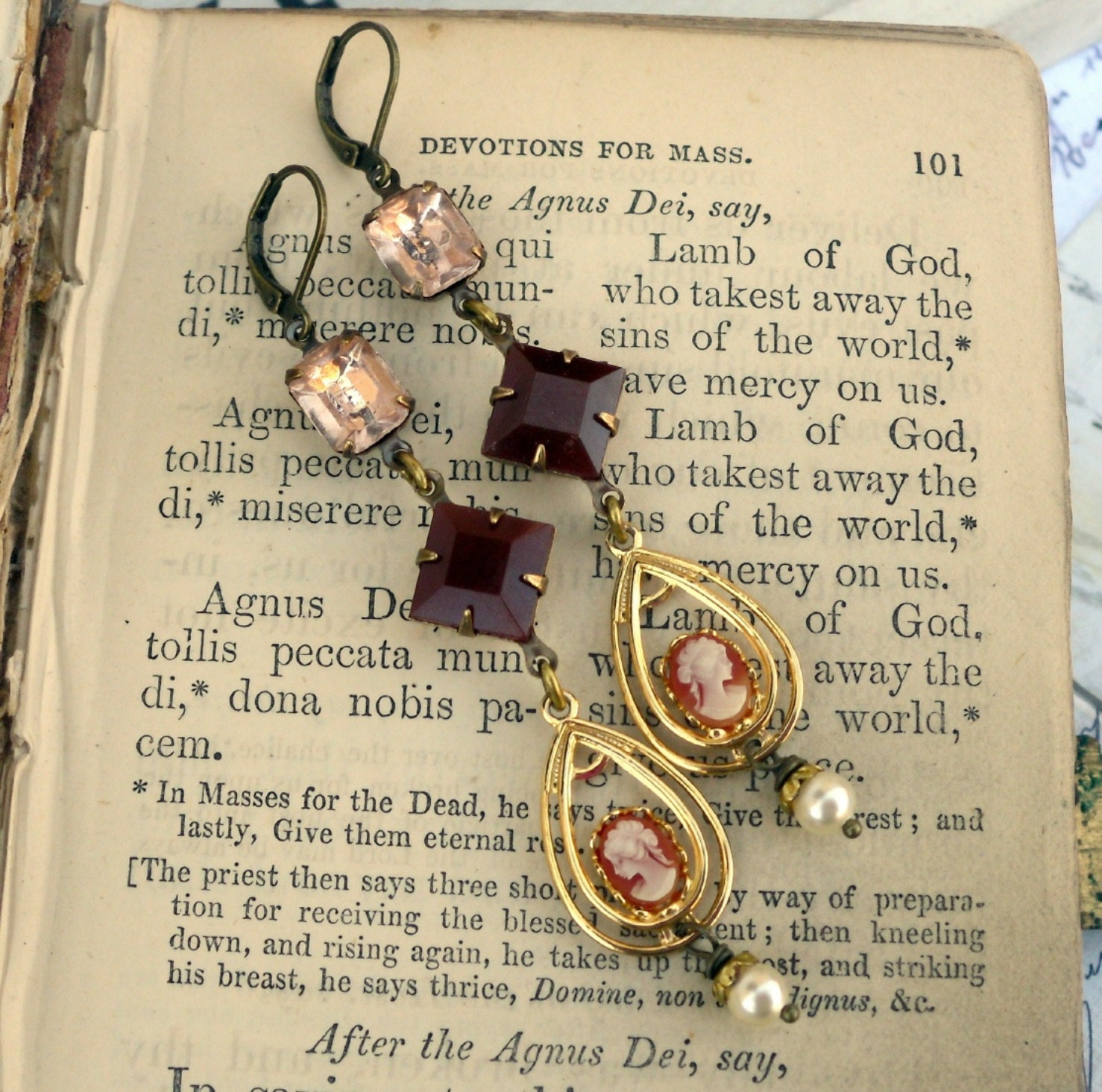 Modern Classic Cameo ,Vintage 1970s Cameos, Vintage Carnelian Glass Jewels and Vintage Peach Rhinestone Assemblage Earrings