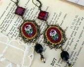 Shared Passion over a Bottle of Chianti,Vintage Italian Deep Ruby Red Glass Micro Mosaic and Vintage Rhinestone Assemblage Earrings