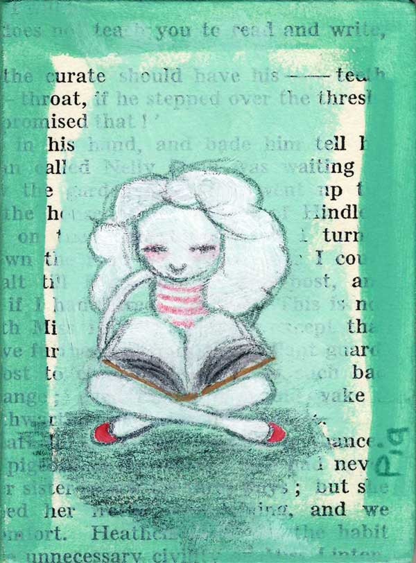 Princess Is Reading, original painting, aceo, wood mounted, girl with book, art on vintage book page, teal green
