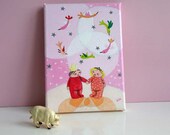 original painting, Prince And Friend, friendship, wall art, princess and birds, character design, 5 x 7 inches, pastel pink, acrylic