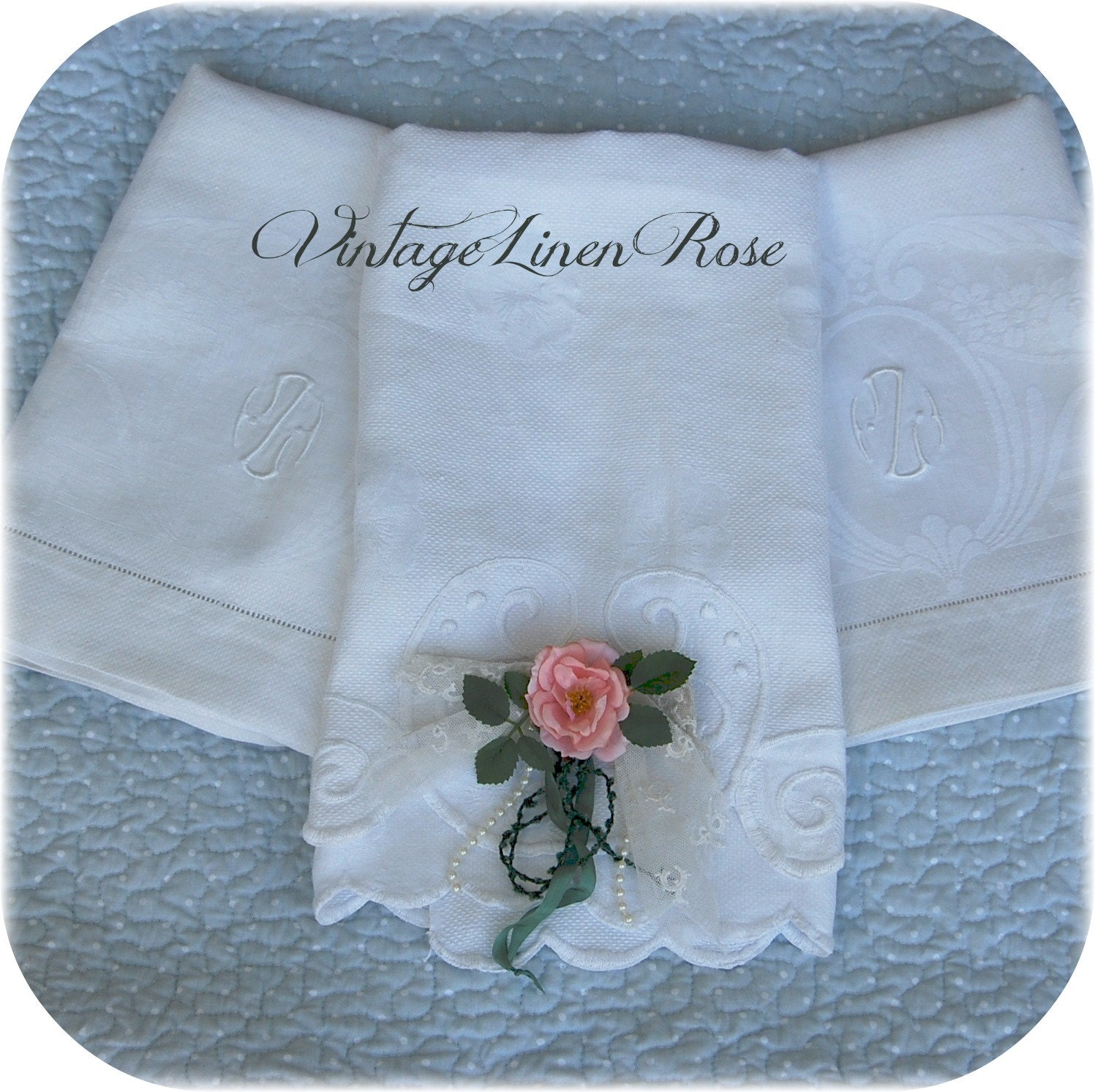White Vintage Bath Towels Monogrammed Pristine Shabby Rose Accent