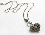 Steampunk Heart Long Brass Chain Necklace, Rainbow Crystal - Large Bronze Vintage Style Heart Pendant