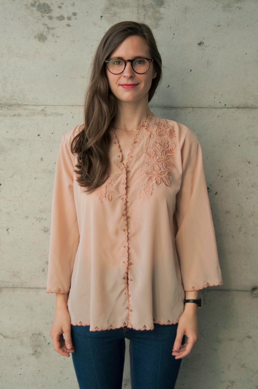 Light Pink Embroidered Blouse / Salmon Floral Shirt / Pastel Summer Blouse
