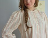 Vintage 1960s Ivory & Pink Striped Blouse - Lace Peter Pan Collar - Size Large