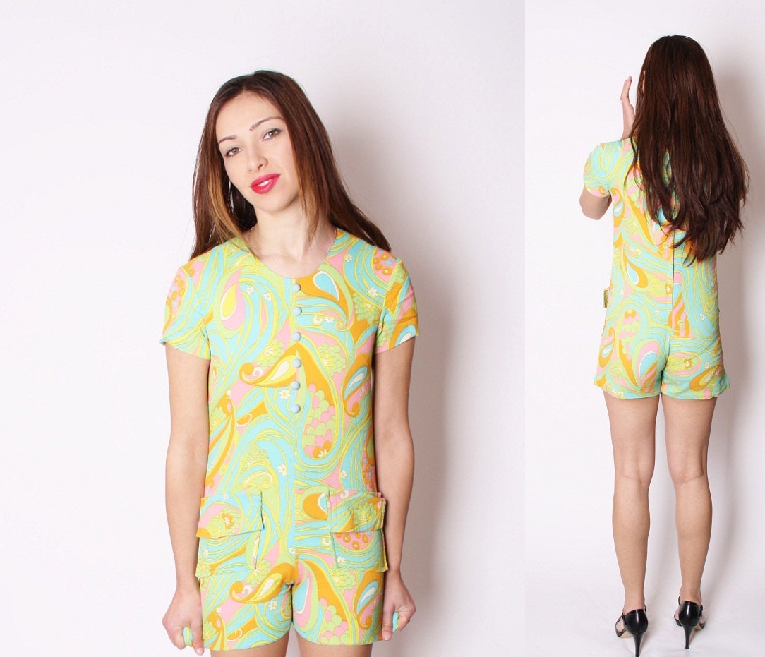 Vintage Mod 1960s Psychedelic Pastel Romper Onesie One Piece Jumper Playsuit / Mod Psychedelic Shorts / Pastel Citrus Colour / 1822