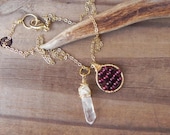 Garnet beadwork necklace, January Birthstone necklace, Garnet and crystal charm necklace, garnet necklace