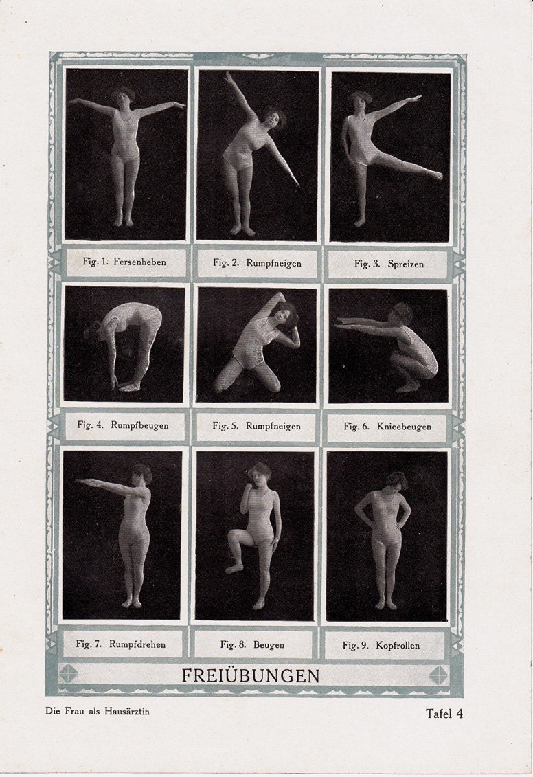 1919 Art Deco GYMNASTIC print, women's health exercise images in Jugendstil design 93 years old antique print