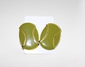60s Earrings Large Circle Enamel - Light Studs- Ovals - Christmas - Green on Gold Metal - Pierced Ears - Women's Jewellery