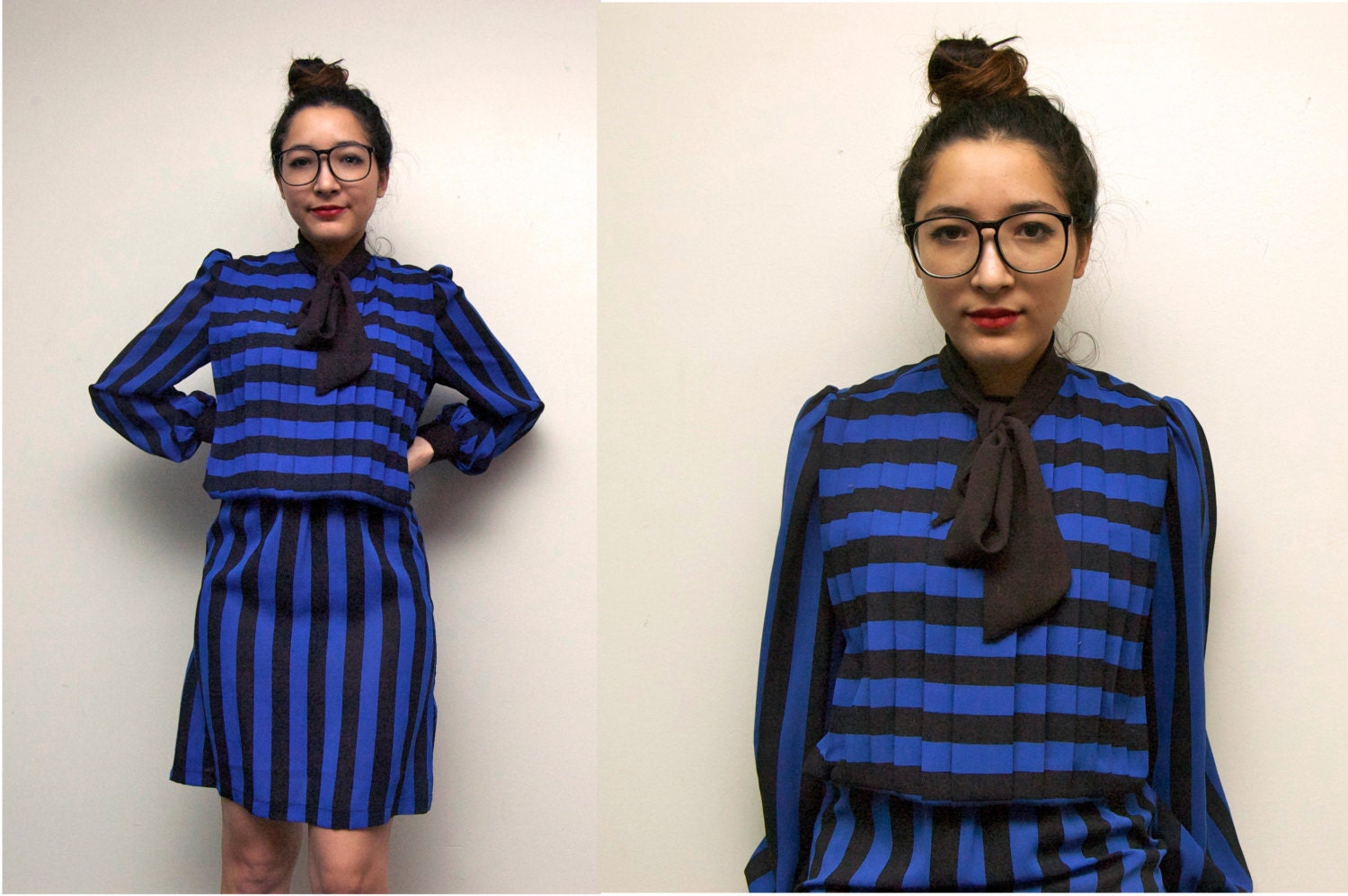 70s Vintage Neck Bow Tie Empire Waist Mini Dress  Stipped Blue and Black  Elastic Waist Pleated Shift Dress Womens Size S-M