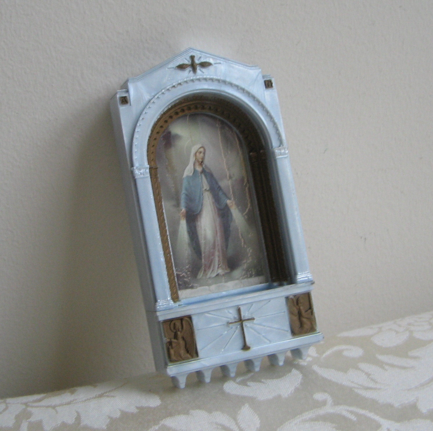 Vintage Madonna Blessed Mother Virgin Mary Holy Water Font Shrine C.M.P.C., Pastel Blue, Religious Icon Wall Decor