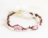 rustic love hair wreath (pink) - wedding headpiece, headband, vintage inspired flower rose crown, peach, dainty small ribbon tie.