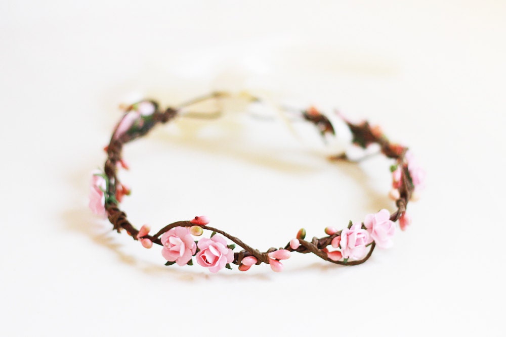 rustic love hair wreath (pink) - wedding headpiece, headband, vintage inspired flower rose crown, peach, dainty small ribbon tie.