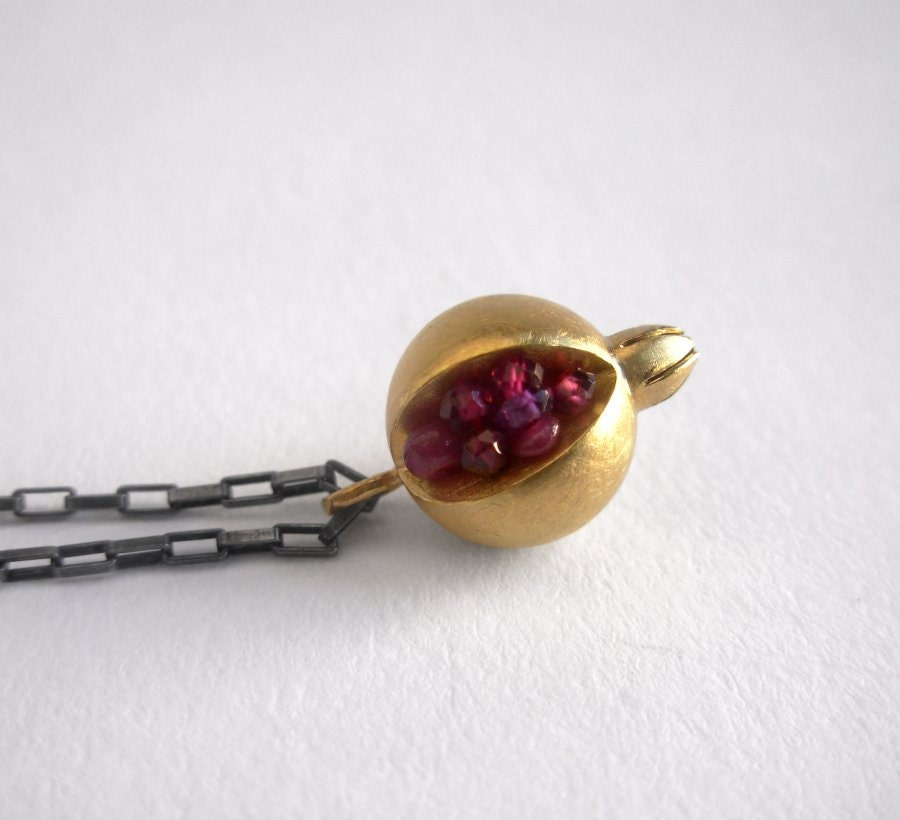 Tiny Pomegranate Pendant - pink gemstones & 18k gold