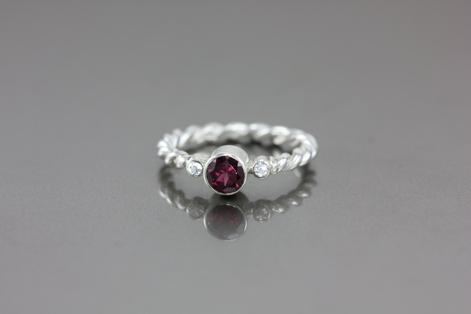 Three Stone Garnet and White Topaz Ring - Sterling Silver Promise Ring