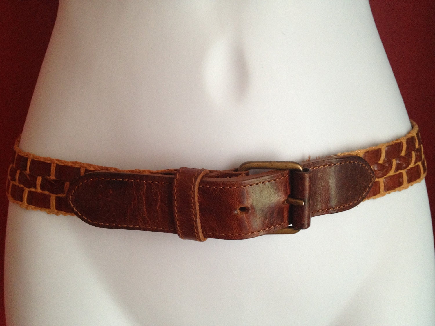 VINTAGE woven LEATHER and STRAW Belt,  Very Unique, Small/Medium