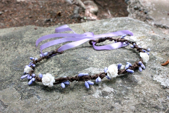 Lilac Garland Wreath Halo head piece band crown with white roses and lilac purple berries - LAVENDER