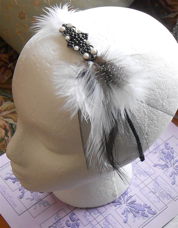 White Black Feather Headband with White Pearls, Jet Rhinestones - Prom Wedding Hair Accessory - Party Headbands - Feather Accessories