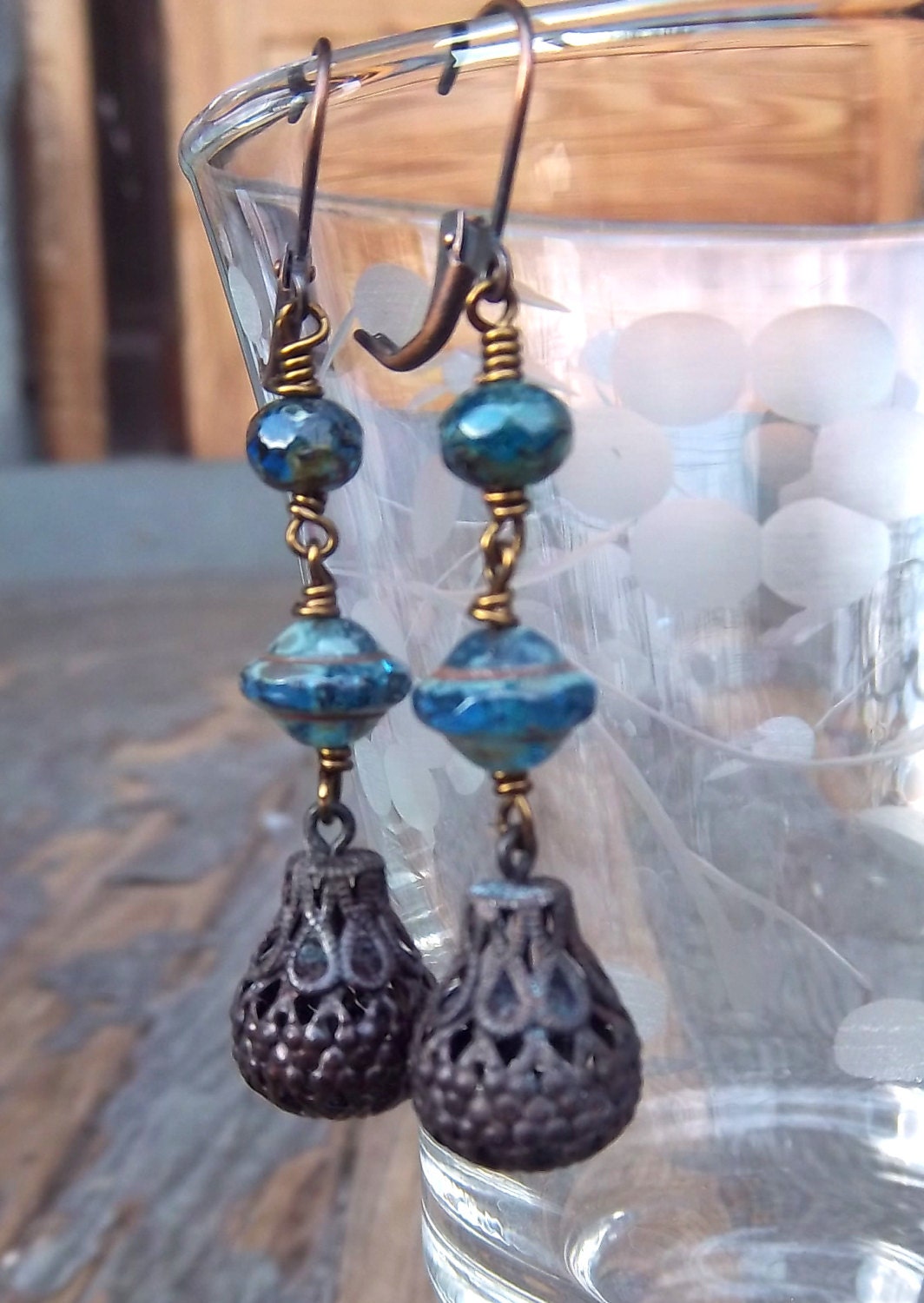 Capri Blue Saturn Dangle Earrings with Vintage Chocolate Brass Filigree Cricket Cages and Czech Picasso Glass