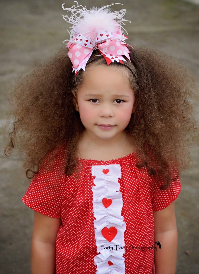 Valentine's Day Pink Ostrich Puff Multi Layered Boutique Style Bow Red Hearts Pink Chevon