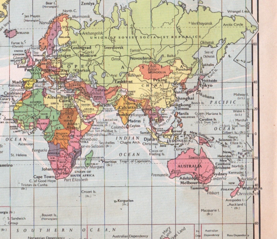 SALE - World map 1950s vintage world map physical geography colorful wall map world