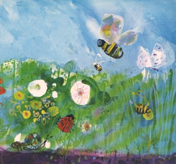 Spring decor garden spring flowers bumble bee lady bird vintage Brian Wildsmith illustration