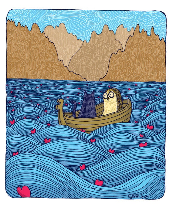 Owl and Pussycat Sailing through the sea Art Print Nursery blue and brown
