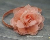 Baby Girl Headband: Gorgeous Shabby Chic Peach Chiffon and Lace Flowers Headband. Newborn girl. Wedding. Prop.