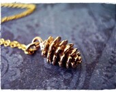 Tiny Gold Pine Cone Necklace - Solid Bronze Pine Cone Charm on a Delicate 18 Inch 22KT Gold Dipped Sterling Silver Cable Chain