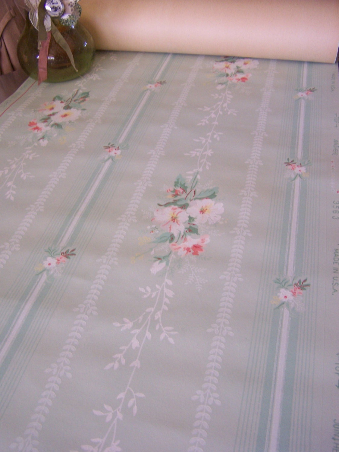 Vintage Wallpaper c1940s Spring Flower Bouquets Soft Mint Sage Green Roses Pinstripes Cottage Altered Mixed Media Part Art ATC Tags Journals