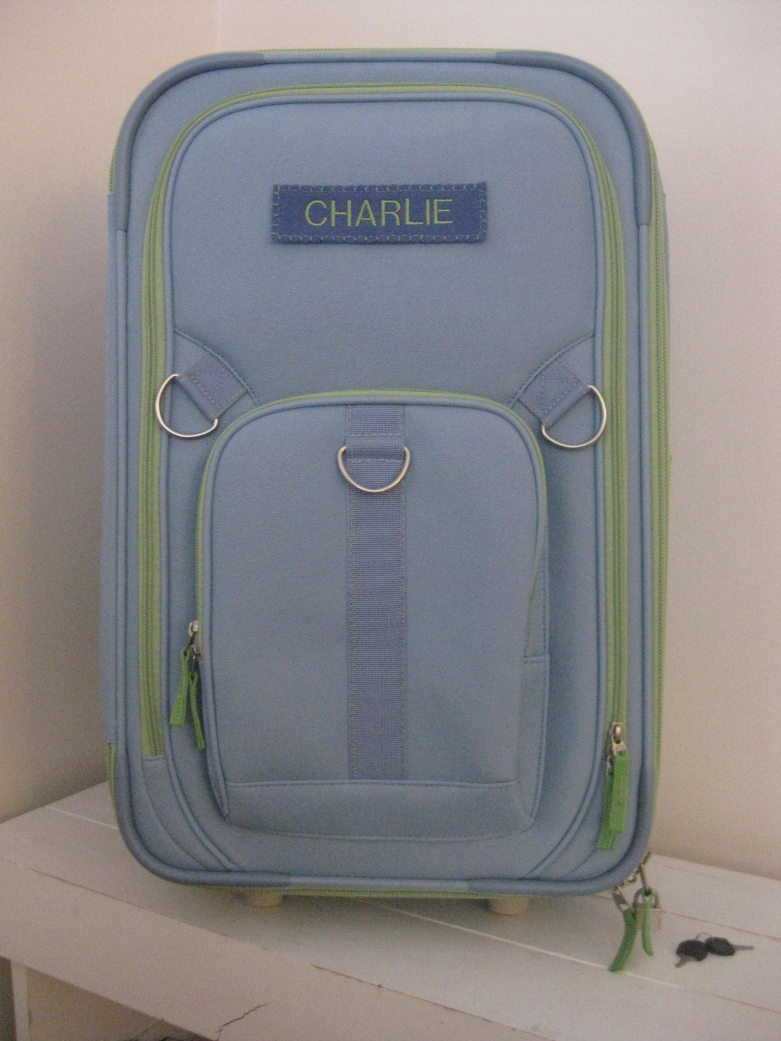 Rolling Luggage With Monogram (Large Size) -- Blue With Green Trim -- Free Domestic Shipping