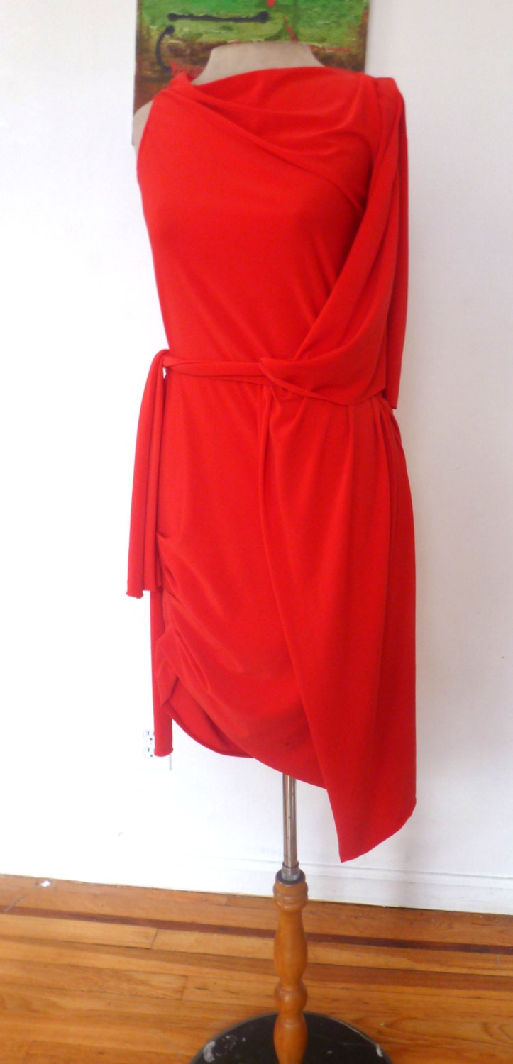 Red Faux wrap dress with belt, jersey fabric, side ruche, Handmade by Cheryl