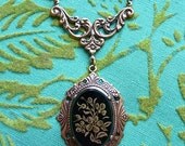 Beautiful Vintage 1940s Glass Mourning Cameo Necklace with Antiqued Brass Frame and Filigree on Fine Brass Chain // Gold Painted Flowers