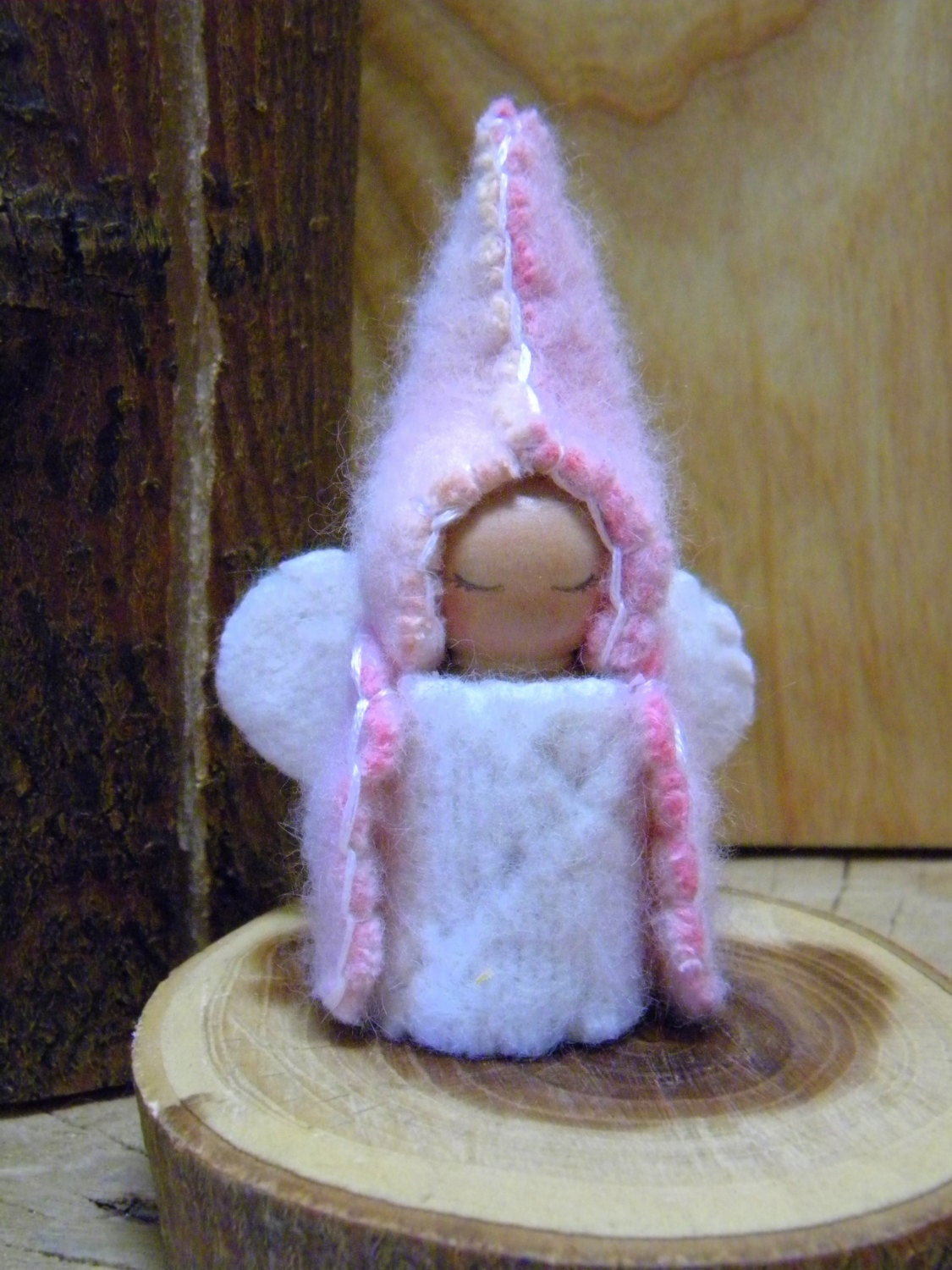 Waldorf Fairy, Guardian Angel, Wool Peg Doll, Waldorf Toy, hand dyed, upcycled wool, spring, yellow, peach, pink, white