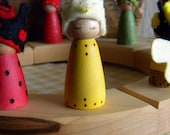 Waldorf Birthday Ring Decor, Sunshine Princess, Small Wooden Peg Doll, jeweled crown, Girl Birthday, white, warm yellow, wood burned