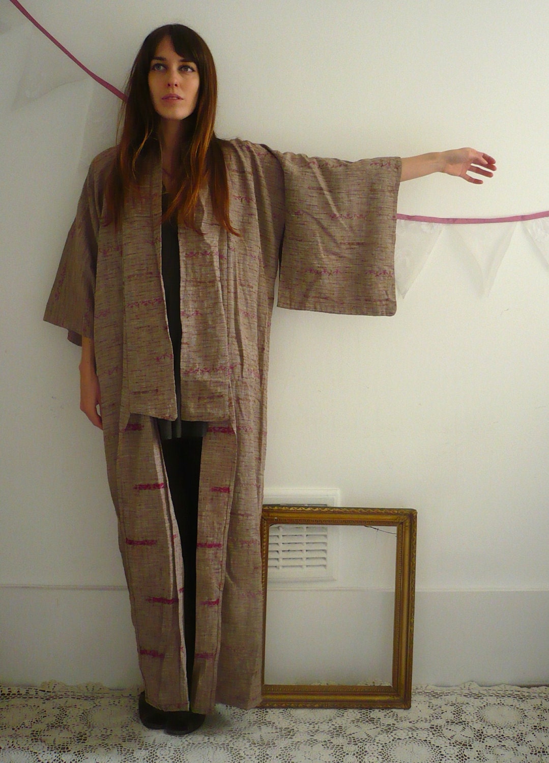 Vintage Japanease Full Length Ikat Print Cotton Kimono Duster Jacket