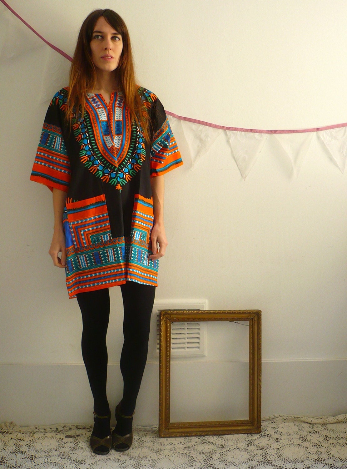 Vintage Hippy Dashiki Print Oversize Mini Dress/Tunic