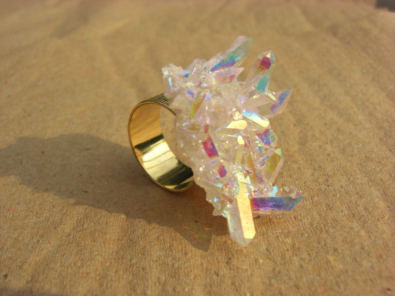 S T A R D U S T // Angel Aura Quartz on 24k gold plated band // Adjustable Ring