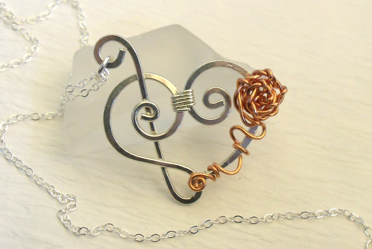Sterling Silver Treble Clef and Bass Clef Heart Pendant Necklace witth Copper Rose