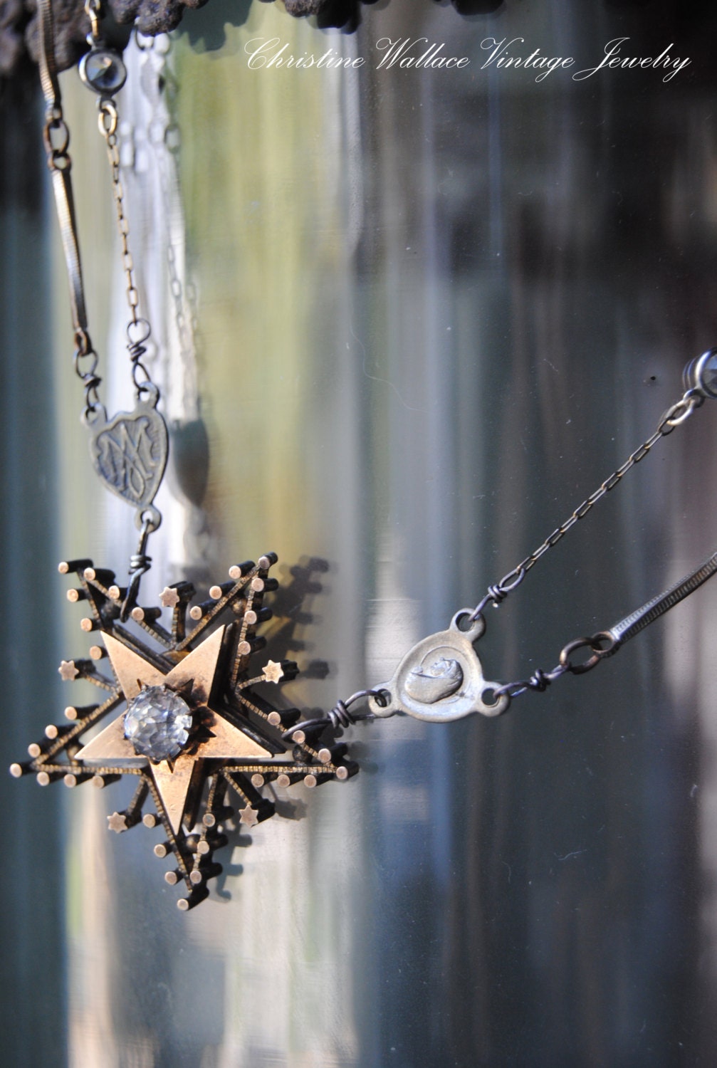 WISH UPON A STAR--Vintage Victorian Star Brooch Rosary Watch Chain Rhinestone Charm Necklace