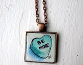 Heart Necklace - Blue Valentine Hand Painted Necklace - Valentine Be Mine Blue Candy Heart, Watercolor Art Necklace